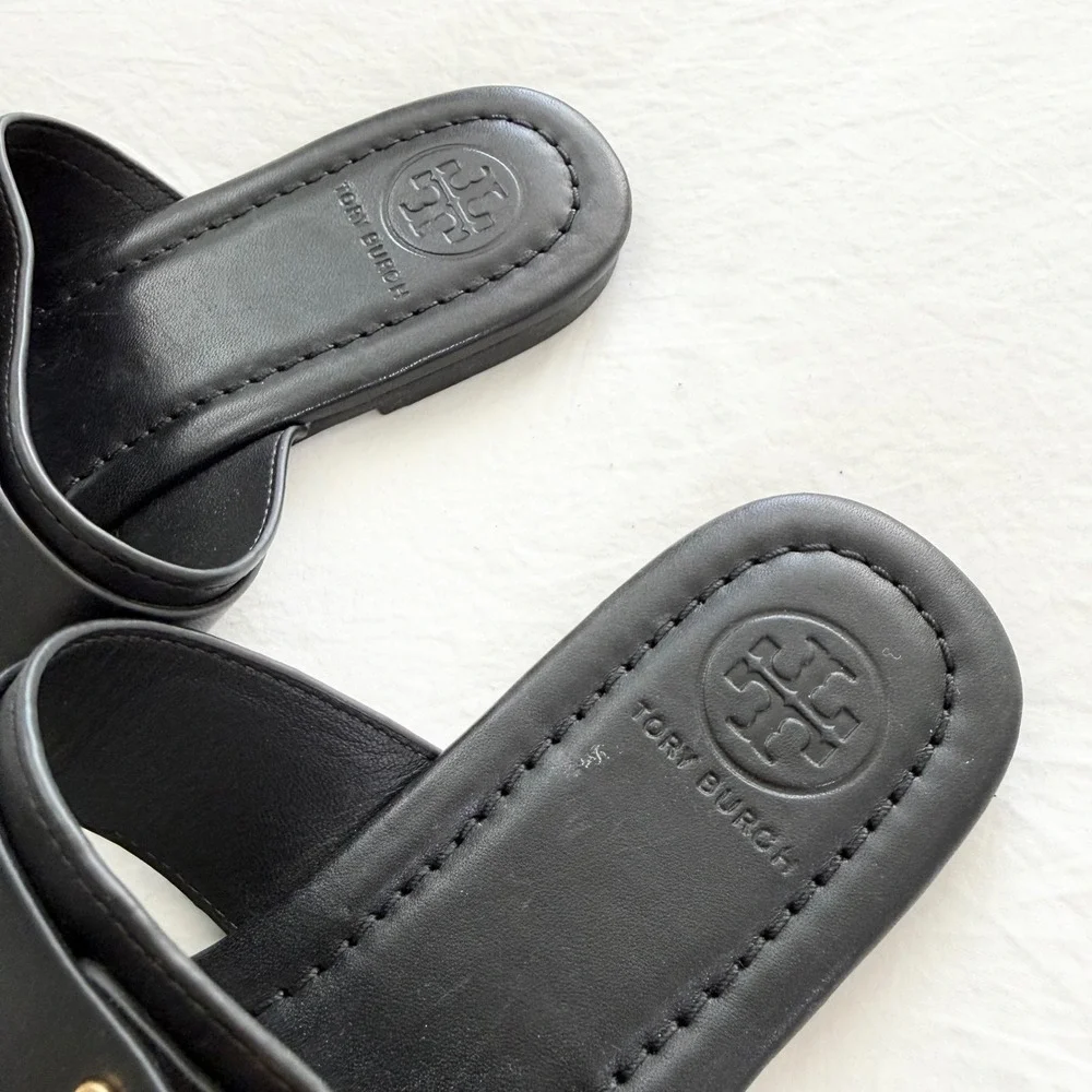 Tory Burch Marsden Black Leather Gold Logo Flat Thong Sandals Size 6.5
